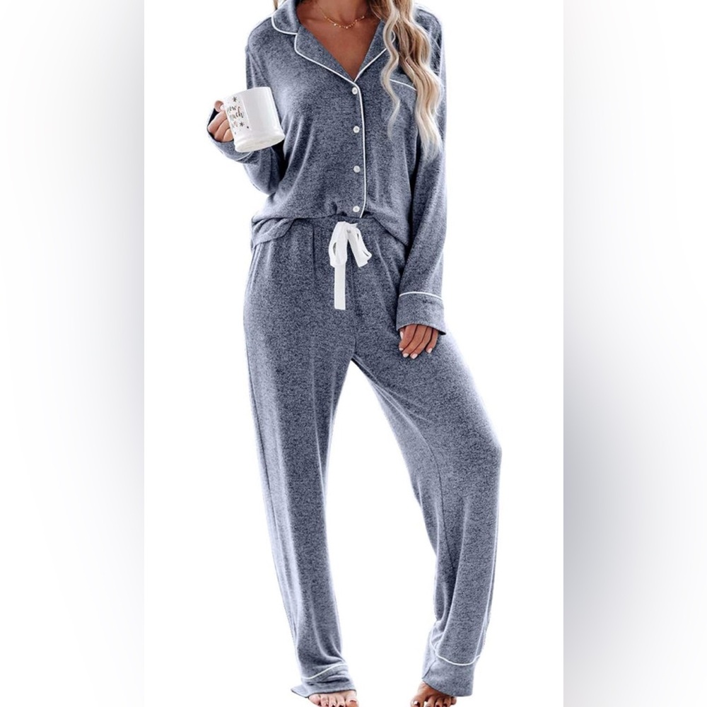 Aamikast Women's Blue Long Sleeve Button Pajama Set Soft Elastic & Tie Waist M